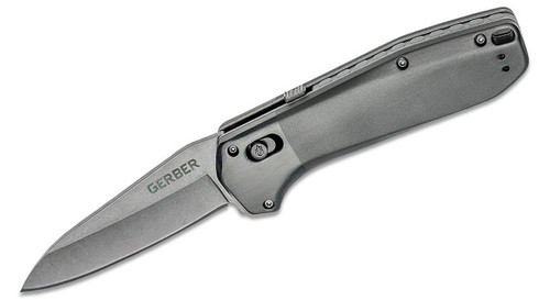 Highbrow Assisted Flipper Knife with Stonewashed Drop Point Plain Blade and Gray Aluminum Handles - 30-001637