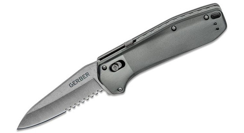 Highbrow Assisted Flipper Knife with Stonewashed Drop Point Combo Blade and Gray Aluminum Handles - 30-001638