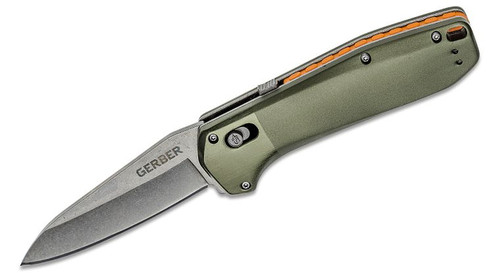 Highbrow Assisted Flipper Knife with Stonewashed Drop Point Plain Blade and Sage Green Aluminum Handles - 30-001642