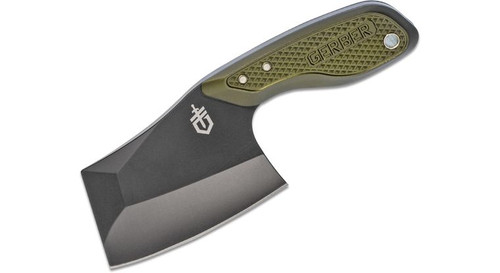 Tri-Tip Mini Cleaver Fixed Blade Knife with Black Blade and Green Aluminum Handles, Plastic Sheath - 30-001694