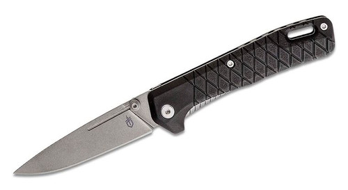 Zilch Folding Knife with Stonewashed Drop Point Plain Blade and Black GRN Handles - 30-001878