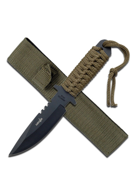 FIXED BLADE KNIFE WITH BLACK BLADE AND FULL TANG MILITARY GREEN CORD WRAPPED HANDLE WITH LANYARD