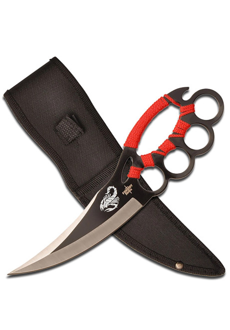 FIXED BLADE KNIFE WITH SILVER AND BLACK TWO TONE BLADE AND RED CORD WRAPPED HANDLE