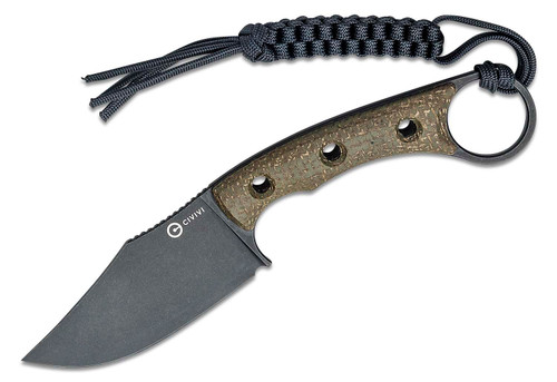 Midwatch Fixed Blade Knife with Black Stonewashed Clip Point and Green Burlap Micarta Handles with Pinky Ring, Kydex Sheath - C20059B-3