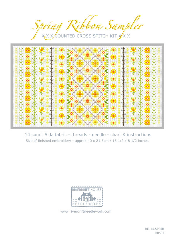 CROSS STITCH KIT 14ct AIDA Spring Ribbon Sampler - Riverdrift Needlework