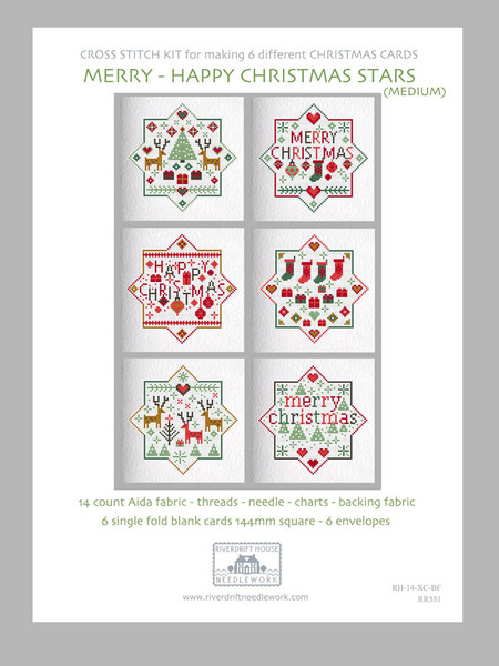 CROSS STITCH KIT (6 MEDIUM GREETINGS CARDS) Merry Happy Christmas