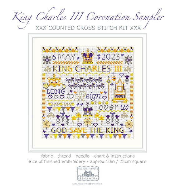 CROSS STITCH KIT 14ct AIDA Royal, Coronation Sampler King Charles III