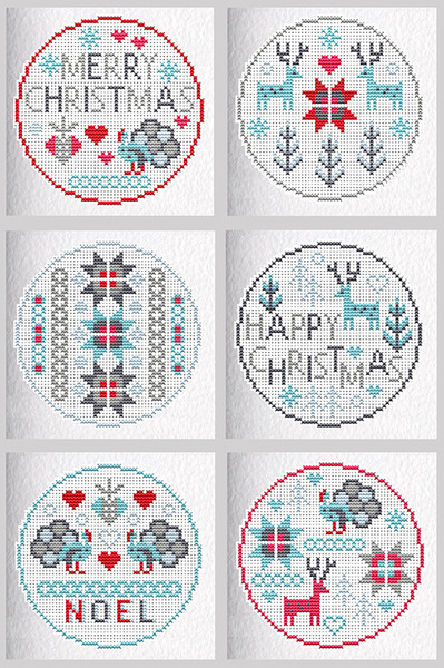 CROSS STITCH KIT (6 MEDIUM GREETINGS CARDS) Merry Happy Christmas Circles
