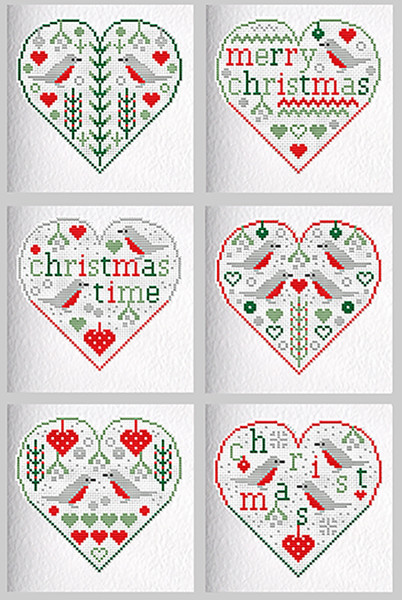 CROSS STITCH KIT (6 MEDIUM GREETINGS CARDS) Christmas Robin Hearts