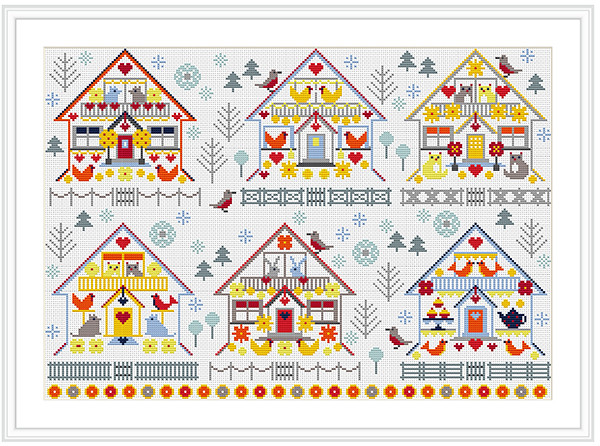 CROSS STITCH KIT 14ct AIDA Little Houses Sampler