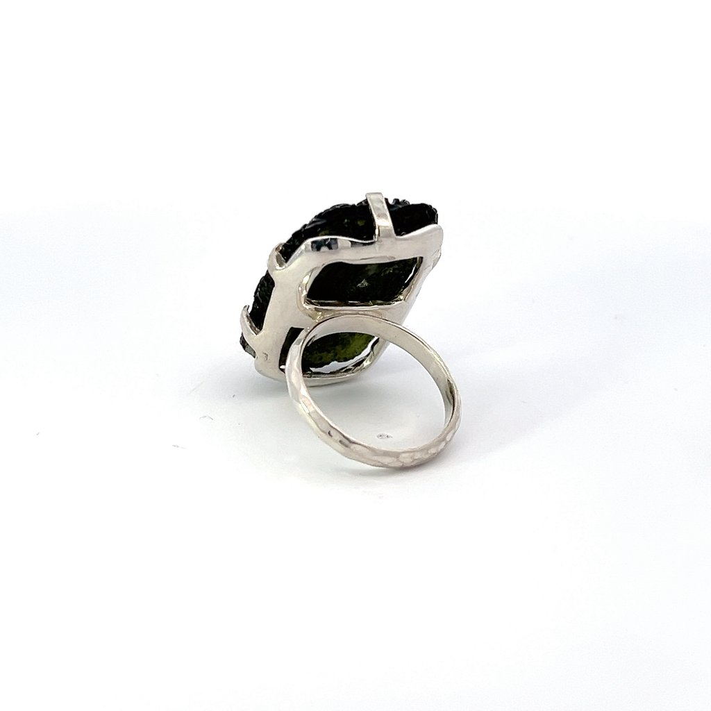 Hand-Carved Moldavite Crystal Ring (8.0)