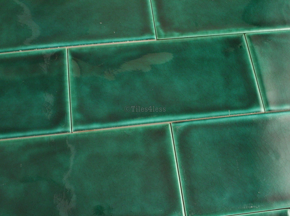Sample of 150x75mm Dark Green Subway Tile With Craquelle Glaze Tiles4less