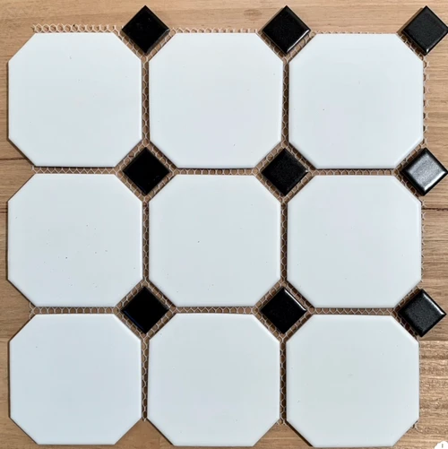 White Octagon with Black Dot Mosaic Tile 96mm 