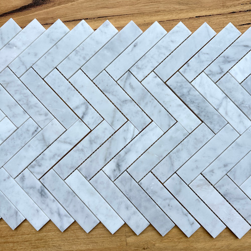 Carrara Marble Herringbone Mosaic Tile 150x35mm