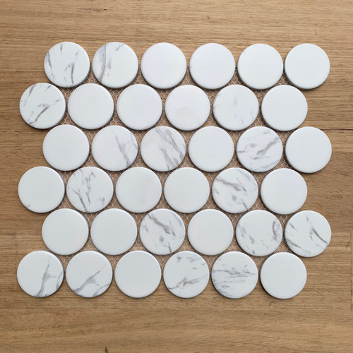 Carrara look porcelain penny round mosaic tiles 48mm