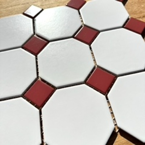 White Octagon with Burgundy Dot Mosaic Tile 97mm White Octagon with Burgundy Dot Mosaic Tile 97mm