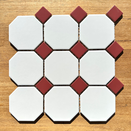 White Octagon with Burgundy Dot Mosaic Tile 97mm