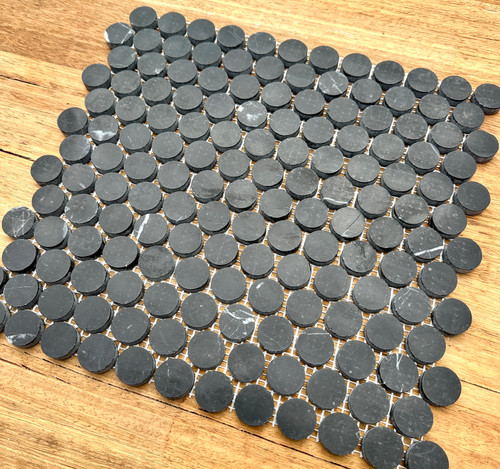 Nero Marquina Honed Marble Penny Round Mosaic Tile 23mm