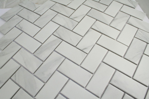 Carrara Porcelain Herringbone Mosaic 95x45mm - Tiles4less
