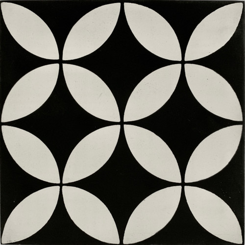 Handmade  Encaustic Cement Tile 200mm - Petals White on Black