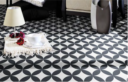  Encaustic Cement  Tile - Petals Black on White  200mm