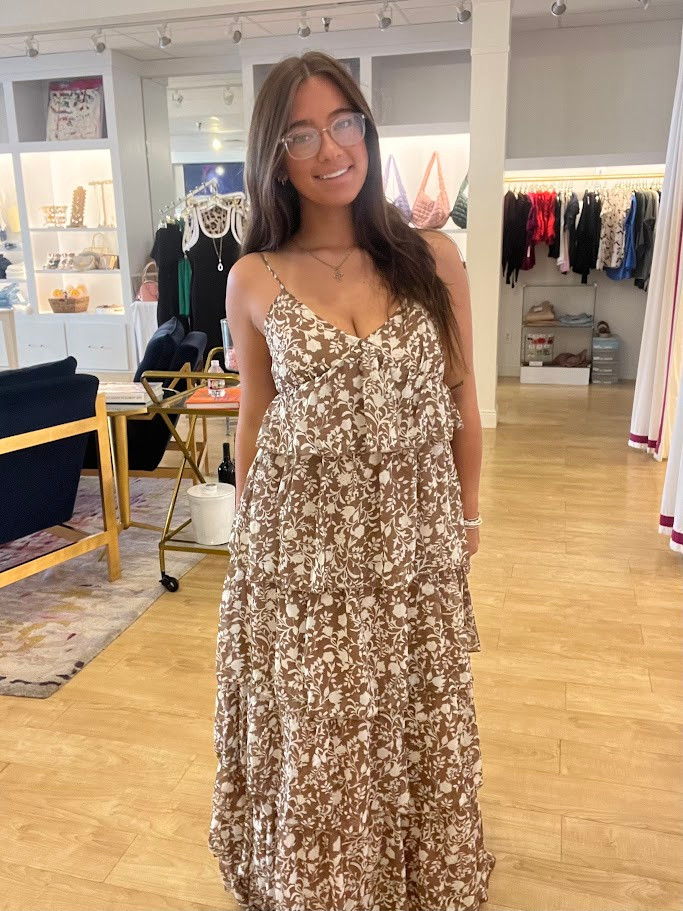 Mocha Floral Ruffle Maxi Dress - Charm Boutique