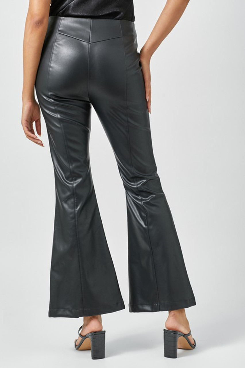 Black Front Slit Flare Leather Pants