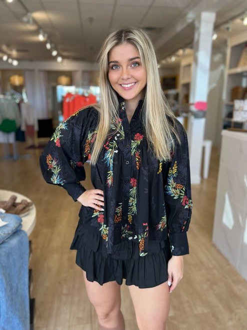 Black Floral Pleat Top