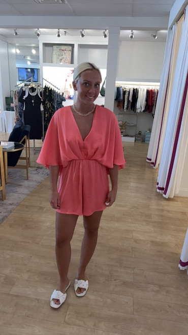 Washed Satin V-Neck Pleated Front Romper/Coral
