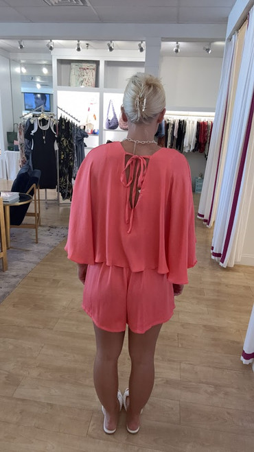 Washed Satin V-Neck Pleated Front Romper/Coral