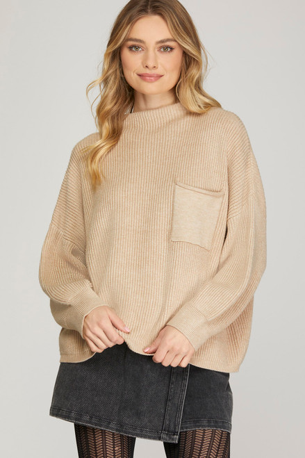 Lt Taupe Long Sleeve Sweater w/Front Pocket