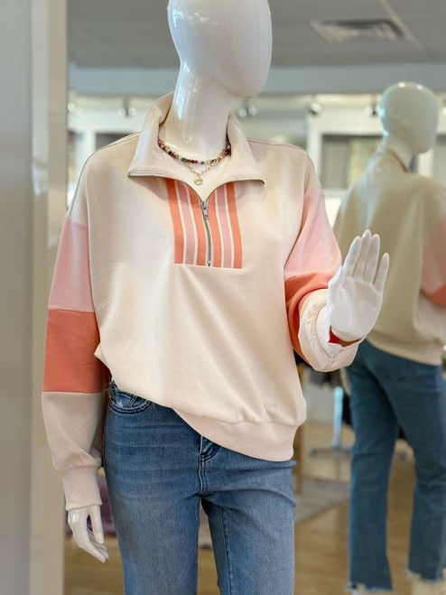 L/S Half Zip Color Block Sweat Shirt/Ecru & Coral