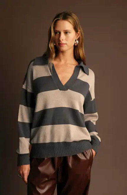 Grey Stripe V-neck Sweater
