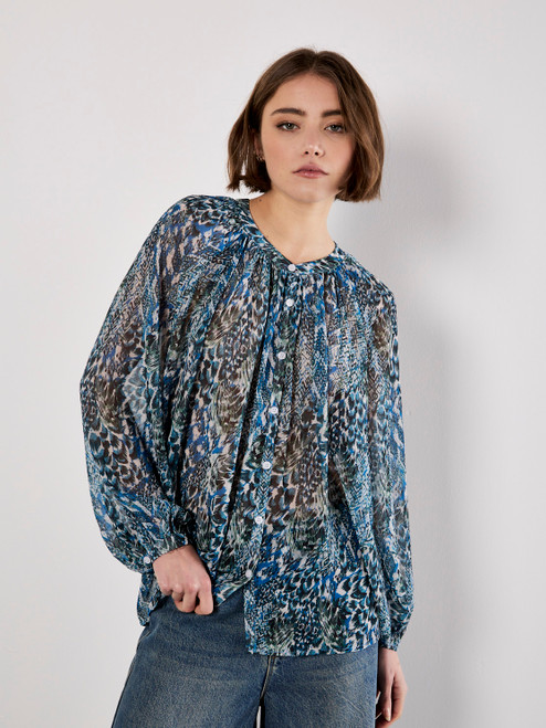 Green Feather Patchwork Chiffon Top