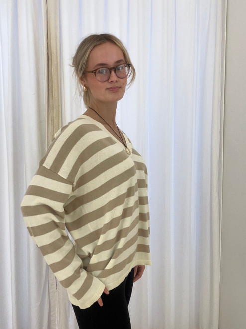 Cream Striped V-Neck Sweater