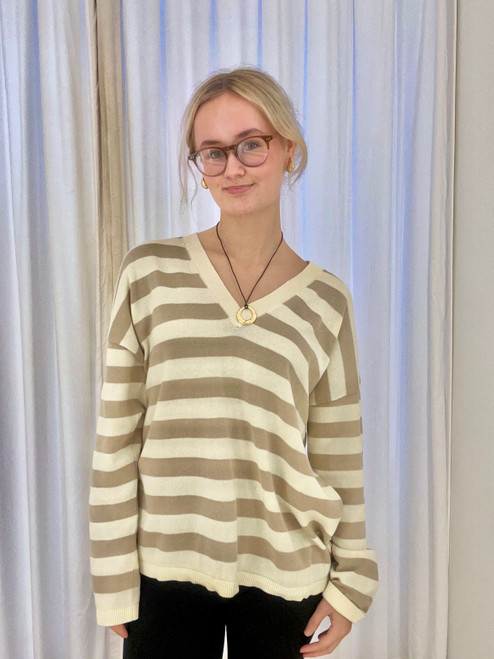 Cream Striped V-Neck Sweater