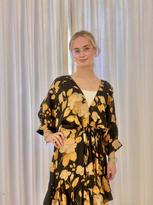 V-Neck Satin Tie Floral Print Dress