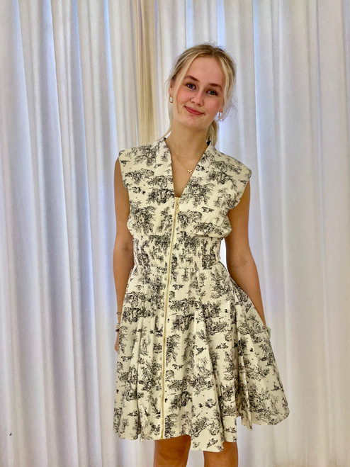 Black/White Front Zip Smocked Waist Dress