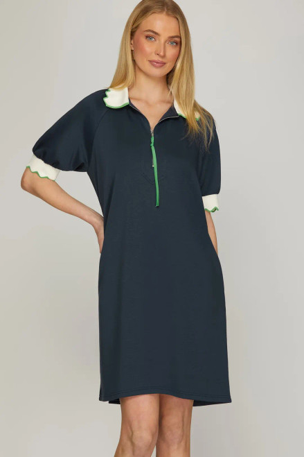 Navy Short Sleeve Half Zip Mini Dress