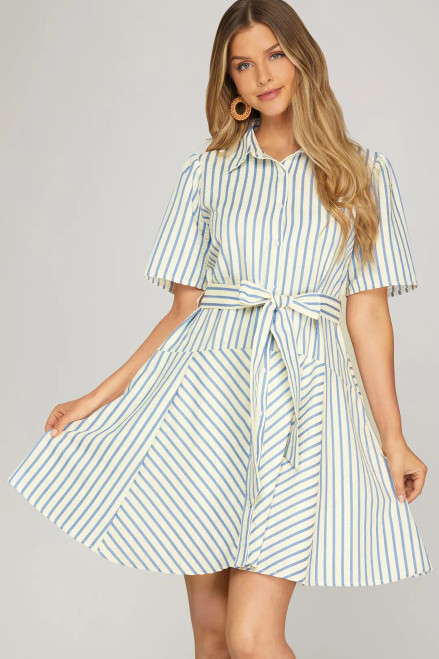 Blue Short Sleeve Striped Mini Dress