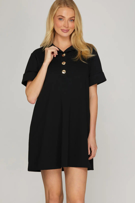 Black w/ Gold Button Short Sleeve Shift Dress