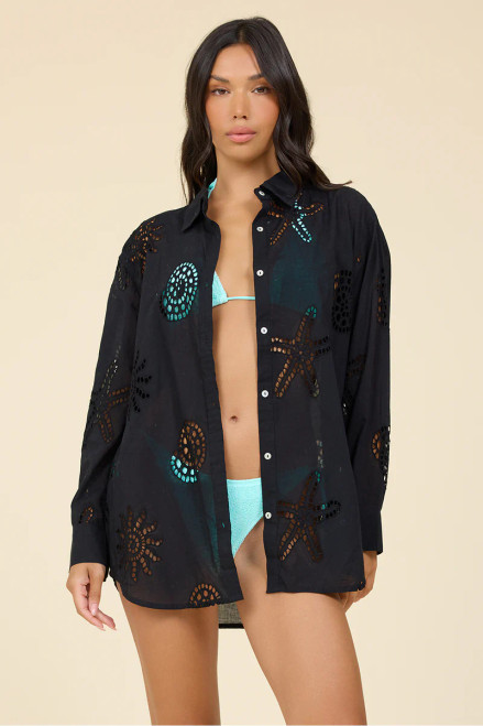 Black Ocean Eyelet Button Down