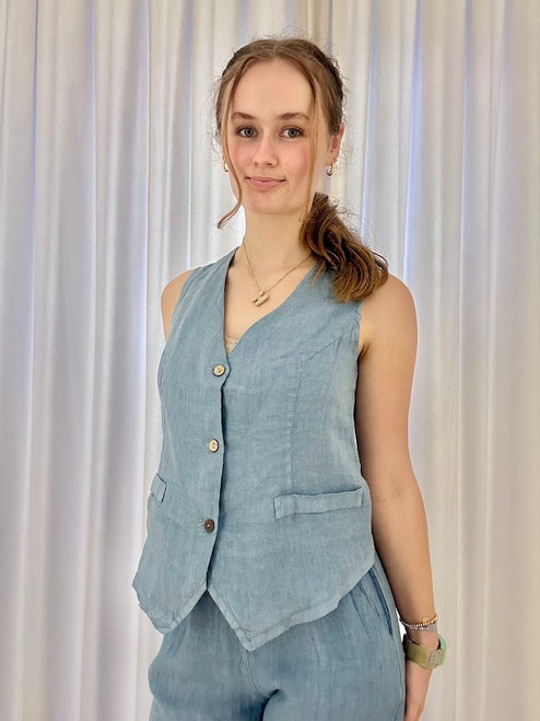 Denim Blue Linen Button Front Vest