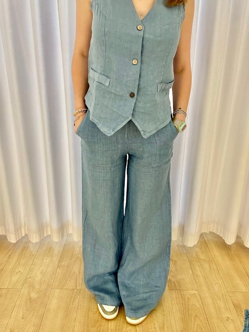 Denim Blue Linen Wide Leg Pant