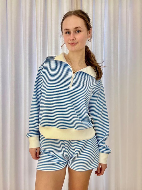 Salty Blue Striped Cloud Fleece 1/4 Zip
