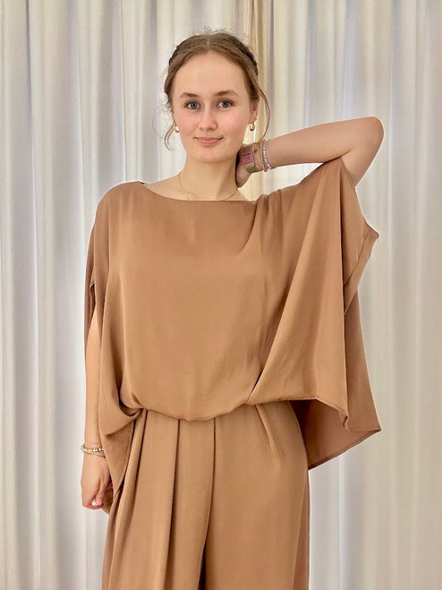 Washed Satin Boat Neck Mocha Caftan Blouse