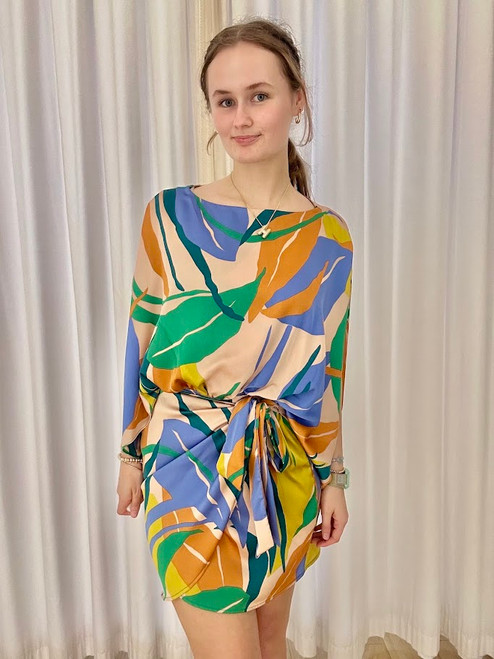 Blue Printed Satin Wrap Dress