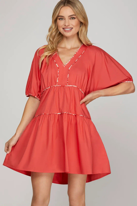 Red Puff Sleeve Contrast Piping Dress