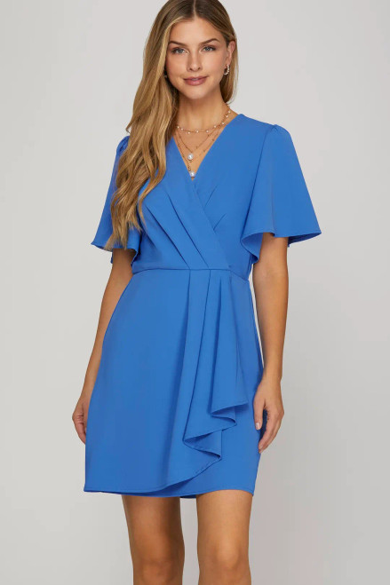 Short Sleeve Ruffled Mini Wrap Dress