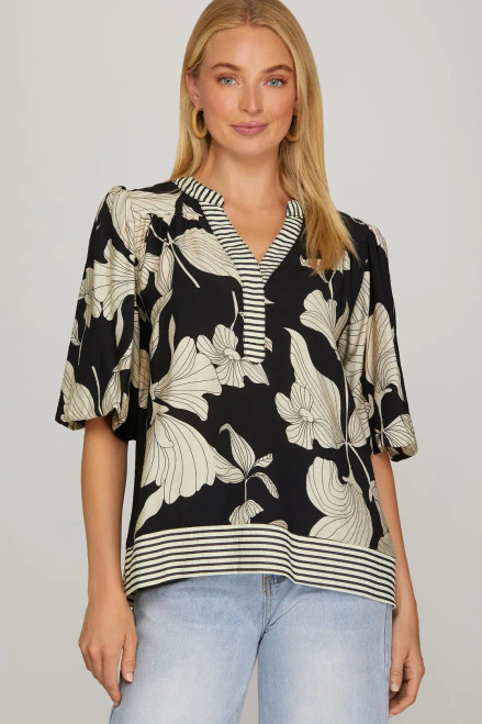 Black Bubble Sleeve Printed Top